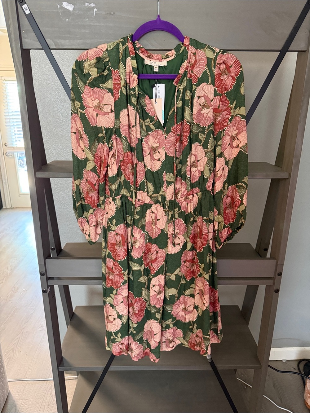 Green Floral Tie-Front Long Sleeve Dress